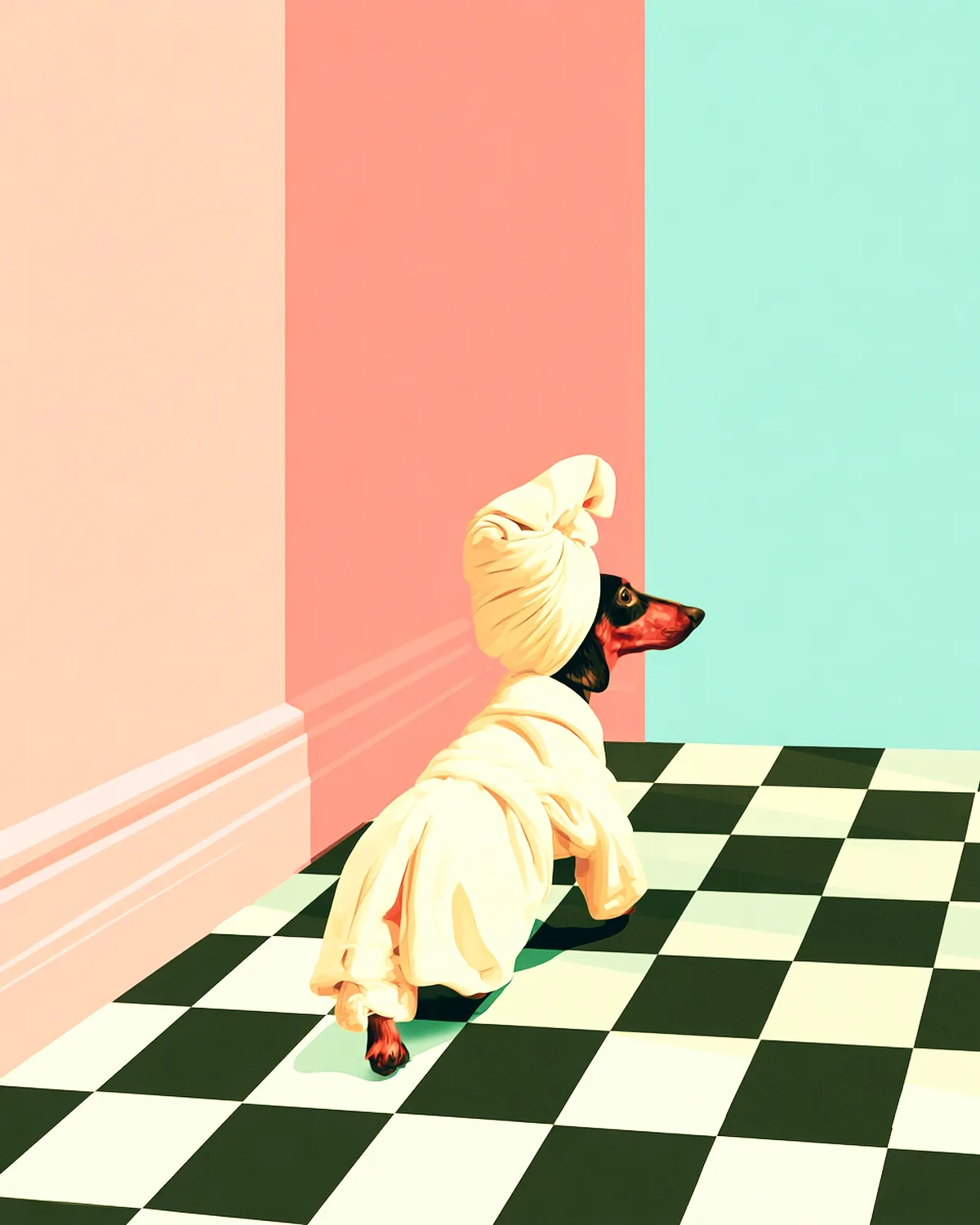 A dachshund in a tiny robe heading back down the hall