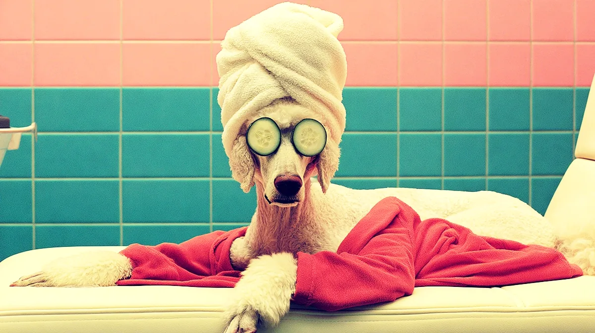 A poodle in a waffle-weave robe waiting its turn