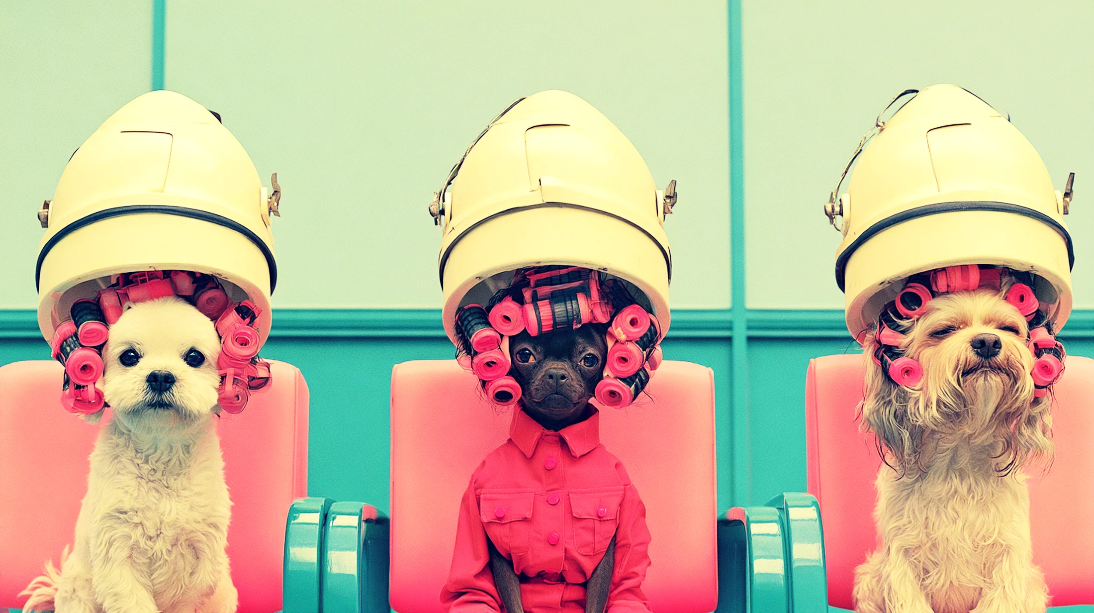 Three dogs in curlers under the bonnet dryers