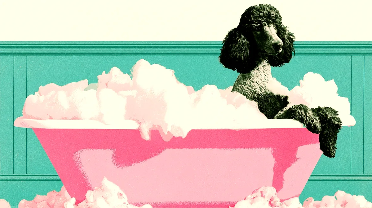 A standard poodle in a pastel pink clawfoot tub