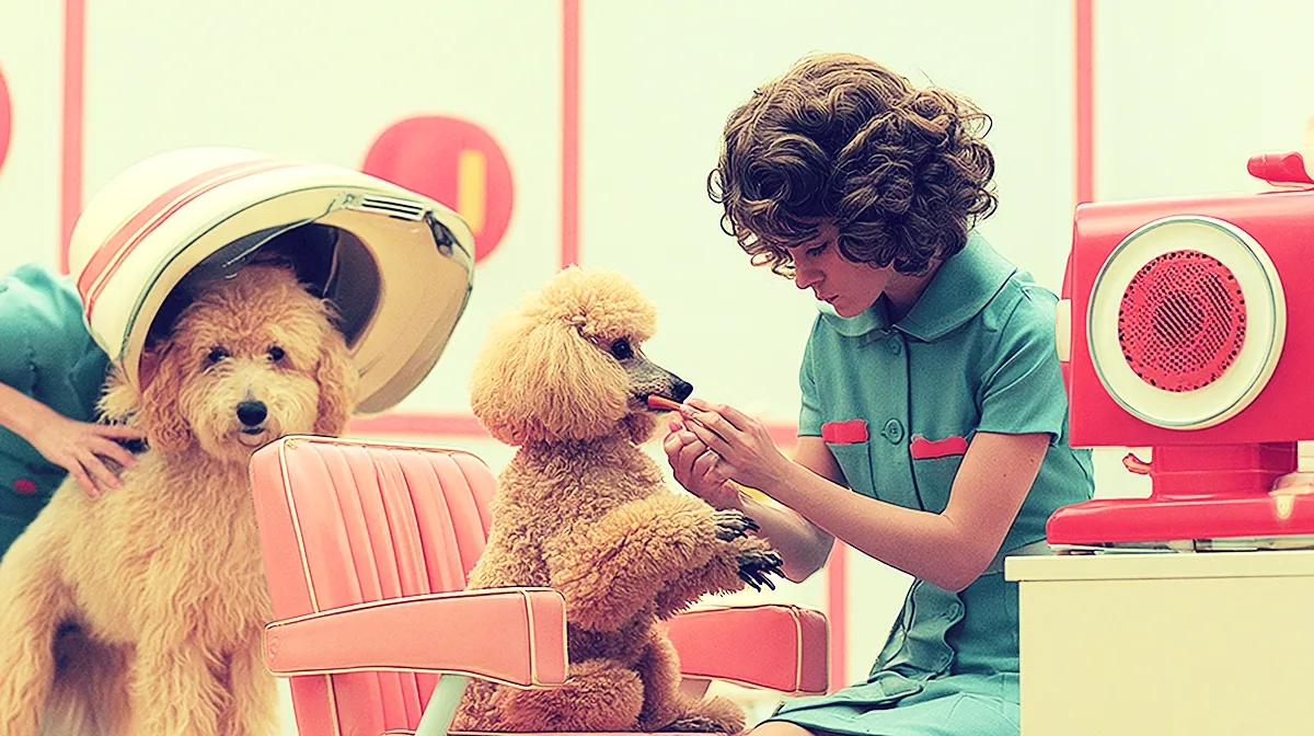 A dog on the grooming table during a full styling session